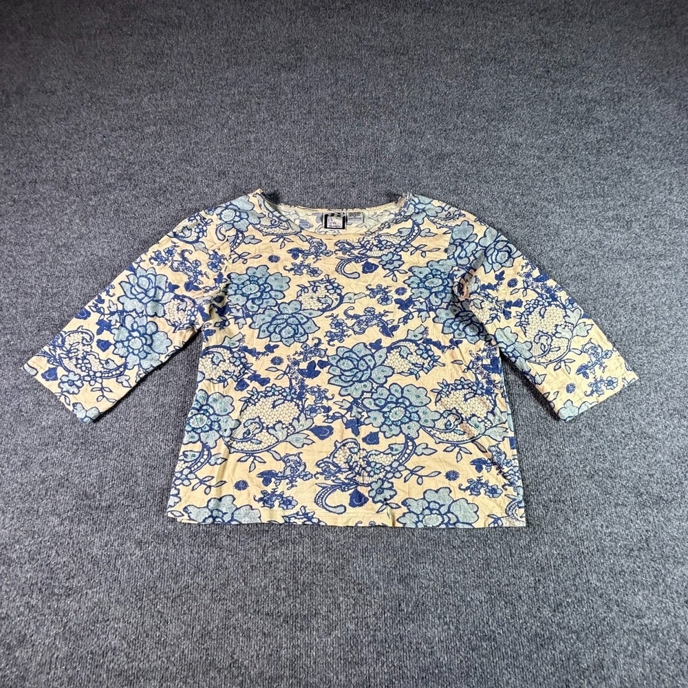 Take Two Cropped Top Womens XL Beige Cotton Floral Beaded 3/4 Sleeve Blouse